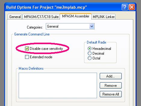 MPLAB project options